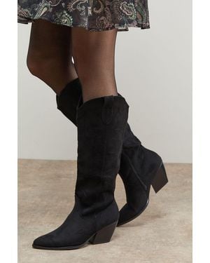 Oasis Maggie Faux Suede Embroidered Knee High Western Boots - Black