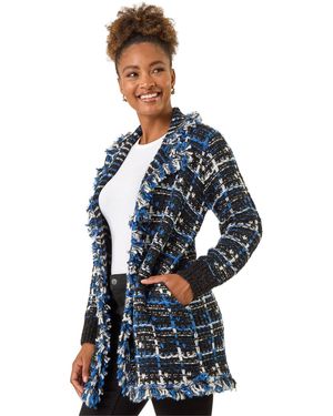 Roman Check Fringe Knit Cardigan - Blue