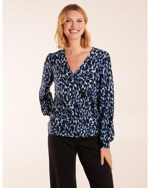 Blue Vanilla Wrap Front Geometric Deep Hem Band Top - Blue