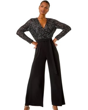 Roman Sequin Wrap V-Neck Stretch Jumpsuit - Black