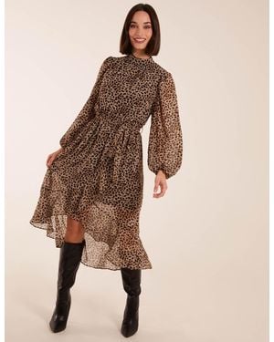 Blue Vanilla Leopard Print High Neck Wrap Frill Hem Midi Dress - Brown