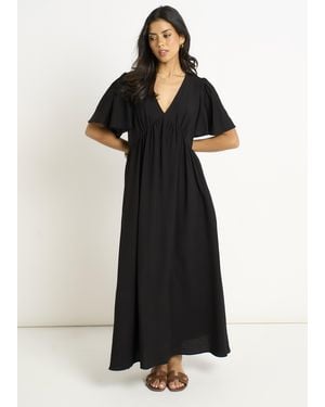 Gini London V Neck Angle Sleeves Skater Maxi Dress - Black