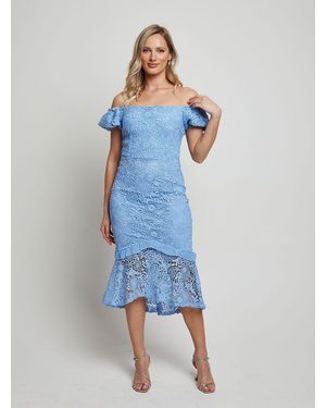 Chi Chi London Petite Bardot Premium Lace Peplum Midi Dress - Blue