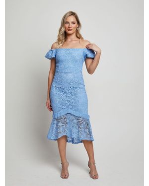 Chi Chi London Petite Bardot Premium Lace Peplum Midi Dress - Blue