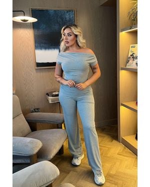 Femme Luxe Ribbed Slash Neck Top With Wide Leg Trouser Loungewear Set - Grey