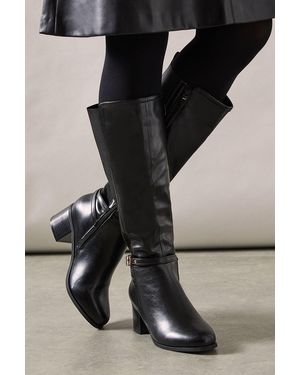 Wallis Wide Fit Hills Strap Detail Elastic Back Block Heel Knee Boots - Black