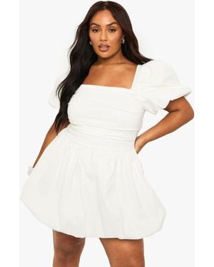 Boohoo Plus Puff Sleeve Puffball Dress - White