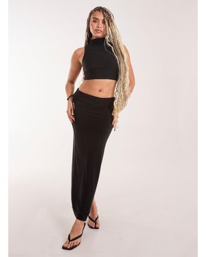 Pink Vanilla Low Rise Fold Over Slinky Maxi Skirt - Natural