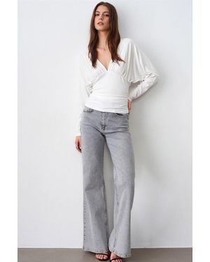 Dilvin Slim Fit V-Neck Wrap Blouse - Grey