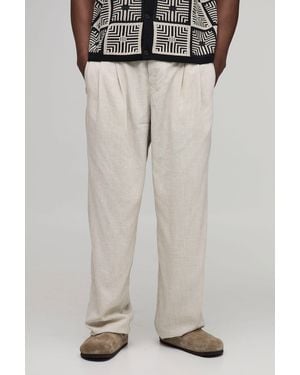 BoohooMAN Tall Half & Waistband Straight Fit Linen Blend Trousers - Natural
