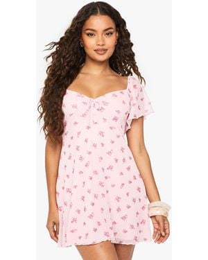 Boohoo Ditsy Floral Mesh Angel Sleeve Tie Front Mini Dress - Pink