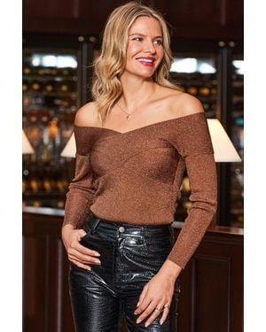 Sosandar Bronze Metallic Cross Over Bardot Jumper - Black