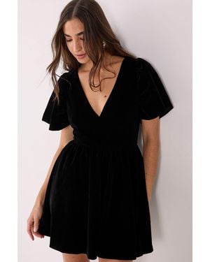 Nasty Gal Velvet Puff Sleeve Plunge Skater Mini Dress - Black