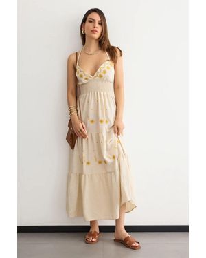 Hiccup Embroidered Sleeveless Maxi Dress With Smocked Details - Natural