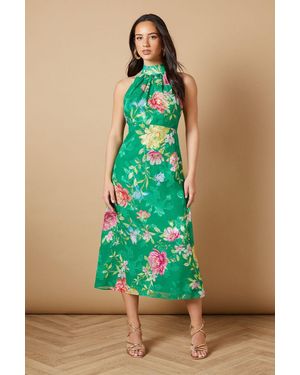 Oasis Floral Satin Burnout Halterneck Midi Dress - Green
