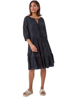 Roman Cotton Broderie Tiered Smock Dress - Blue