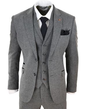 Infinity Leather 3 Piece Dark Herringbone Wool Tweed Retro Suit Velvet - Grey