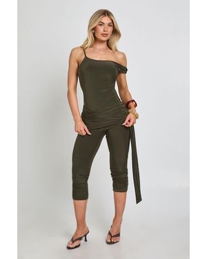 Boohoo Slinky Asymmetric Neck Capri Jumpsuit - Green
