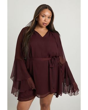 Boohoo Plus Chiffon Flared Sleeve Skater Dress - Purple