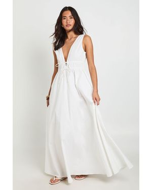 Boohoo Deep V Front Tie Maxi Skater Dress - White