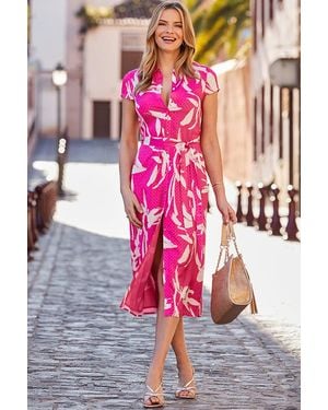 Sosandar Hot & Floral Print Jacquard Shirt Dress With Belt - Pink
