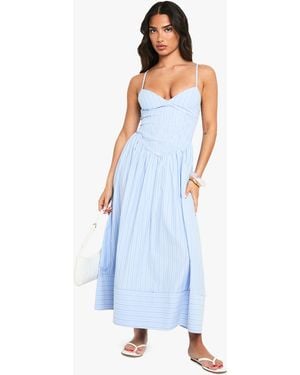 Boohoo Petite Stripe Shirred Waist Detail Smock Maxi Dress - Blue