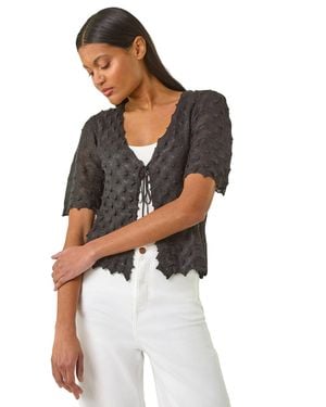 Roman Textured Tie Front Shrug - Black