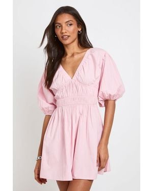 Boohoo Tall Cotton Poplin Shirred Bodice V Neck Puff Sleeve Mini Dress - Pink