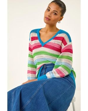 Roman Stripe V-Neck Knit Jumper - Blue