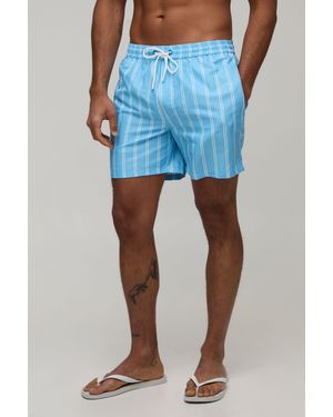 BoohooMAN Stripe Mid Length Swim Short - Blue