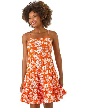 Roman Floral Print Strappy Sundress - Orange