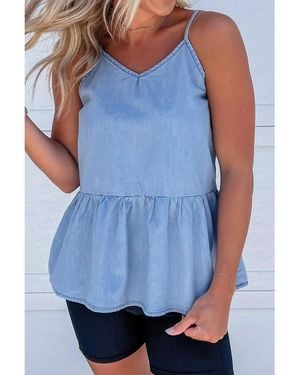 Everyday the Label Ruffled Spaghetti Straps Denim Tank Top - Blue