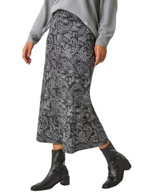Roman Leaf Print Panelled Tulip Skirt - Grey