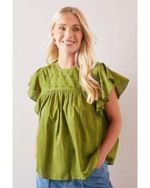 Wallis Petite Broderie Frill Sleeve Top - Green