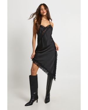 Boohoo Lace Asymmetric Satin Slip Dress - Black