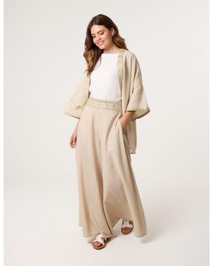 Blue Vanilla Wide Leg Embellished Linen Trousers - Natural