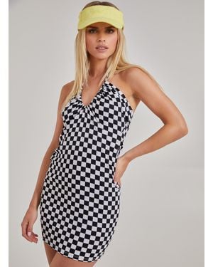 Pink Vanilla Halterneck Checkerboard Mini Dress - White