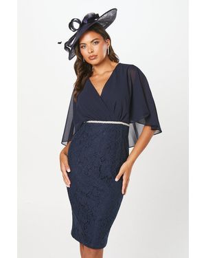 Wallis Lace Chiffon Cape Pencil Dress - Blue