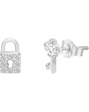 The Jewellery Stockroom Sterling Cz Lock And Key Mismatched Stud Earrings - Metallic