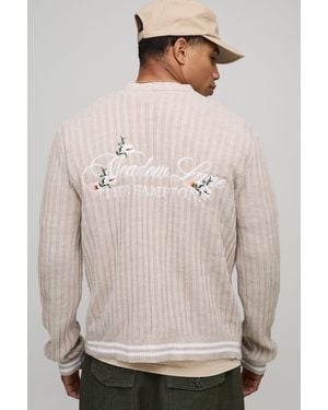 BoohooMAN Boxy Floral Varsity Embroidered Jacquard Knitted Cardigan - Natural