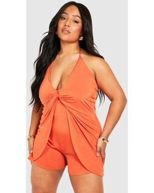 Boohoo Plus Slinky Knot Detail Strappy Playsuit - Orange