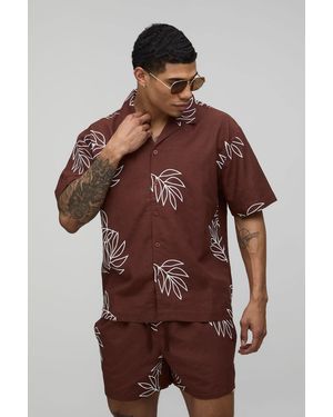 BoohooMAN Palm Embroidered Oversized Linen Shirt & Relaxed Short Set - Brown