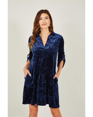 Yumi' Velvet Tunic Dress With 3/4 Sleeves - Blue