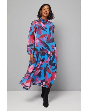 Wallis High Neck Tiered Frill Smock Dress - Blue