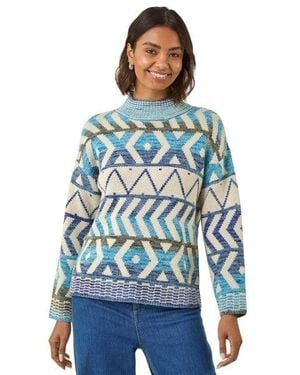 Roman Aztec High Neck Knit Jumper - Blue