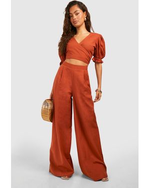 Boohoo Linen Look Wide Leg Relaxed Fit Trousers - Red