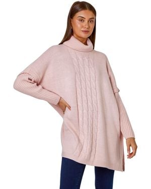 Roman Cable Knit Roll Neck Poncho Jumper - Pink