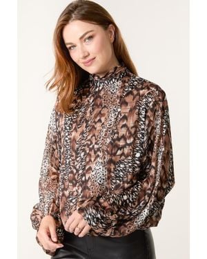 Blue Vanilla Multi Print Bubble Hem High Neck Blouse - Brown