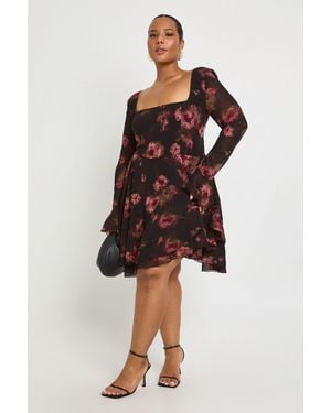 Boohoo Plus Floral Chiffon Skater Dress - Red