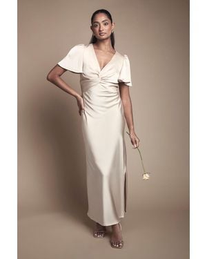 Oasis Satin Twist Front Angel Sleeve Midi Bridesmaid Dress - Natural